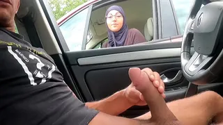 Muslim woman on motorway service area.. She stops to call her husband, finally she sees this stranger next to her who surprises her