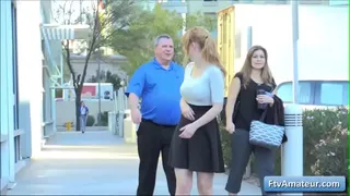 Watch this beautiful blondie teenager show her amazing big natural boobs in a restaurant