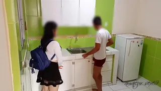 She begs me to fuck her in the kitchen after seeing me naked, I put it all in her before someone arrives and catches us in full action