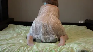 Mature BBW a cowgirl and reverse cowgirl position jumping on a strapon Her big booty in panties is shaking and natural boobs are shaking