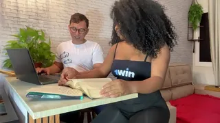 Nerdy boy fucks his classmate while studying for the test.