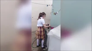 Teen student washing her panties is surprised by her stepfather when no one else is home, real homemade.