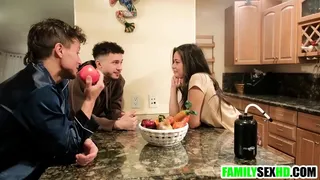Stepbrothers threesome fucking their new stepsister