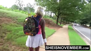 I'm About To Suck A Big Cock BBC In Public After Losing A Tennis Match To A Stranger, With My Cotton Panties Deep Inside Of My Young Booty Cheeks, Petite Ebony Babe Sheisnovember Big Tits Udders And Brown Nipples Out In Public on Msnovember
