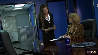 Two good looking chicks like to make out in the office before licking each other's tight pussies and masturbating in the office until they both reach orgasms.