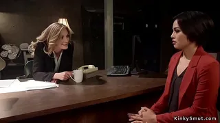 Blonde lesbian anal fucks brunette deputy officer with strap on cock