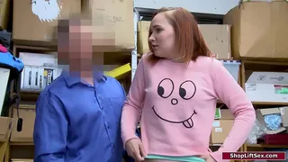 Redhead babe shoplifts and gets stripsearched by an officer.He dominates her to get on her knees and facefucks her.He bangs her and she rides his cock