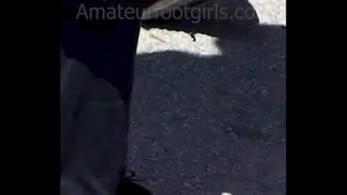 A friend slips with her sweaty nylons feet out of her sweaty ballerina flats shoes