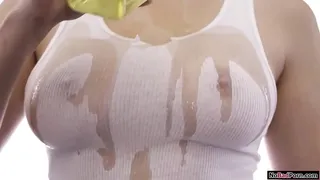 Busty blonde oils up her big tits and ass.A guy kisses her and sucks her big boobs.He licks her hairy pussy and the babe titfucks him.Then shes banged