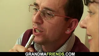 Two young guys fucking old woman