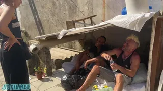 CHARITABLE YOUNG WOMAN OFFERED WATER AND PUSSY TO TWO HOMELESS PEOPLE