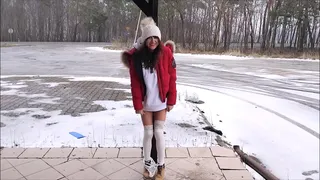 Strong orgasm in winter by the road