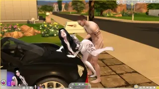 He gives it to her hard from behind outdoors. Sims 4
