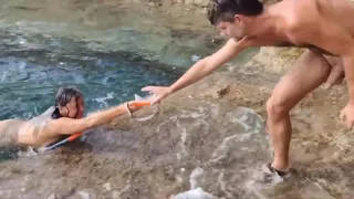 Outside threesome with old blonde