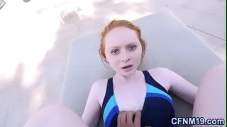 Cfnm redhead sucks fucks and gets cum dumped outdoors in pov