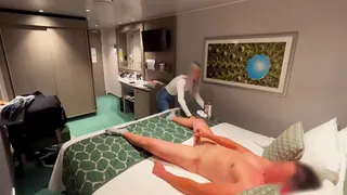 The woman from the hotel brings me a soft drink and helps me finish with a good handjob while she finds me lying down touching myself with my legs open on the bed