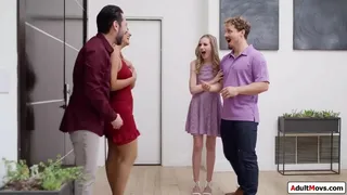 Busty latina wants a couple swap before marriage with petite blonde and her guy.The small tits babe is excited and the ladies suck cock and get banged