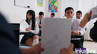 Argentinian slut student gets fucked in the anus by the teacher and his classmate.