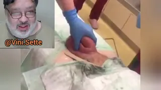 Fat man's reaction to cock ring stuck in the bag