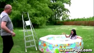 No way!? Old dirty pervert fucks an amazing brunette teen and she likes it...