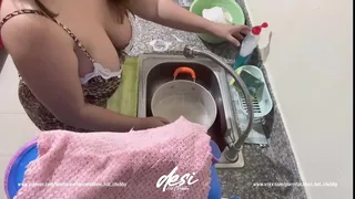 Horny Indian Maid Washing the Dishes and letting her Master see her Big Juicy Boobs