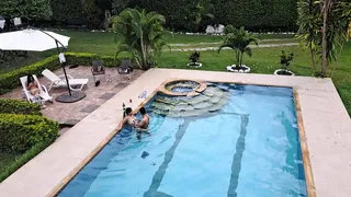 While my stepsister is tanning, I fuck her friend in the pool. Part 1