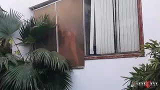 Cuckold neighbor records his wife fucking