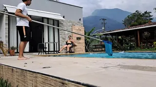 Hot Latina touches herself watching the pool boy do his job