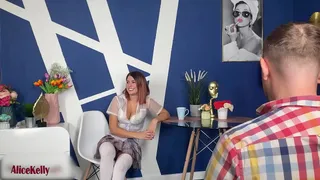 Pornstar answers the questions and shows the skills
