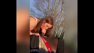 Public redhead blowjob