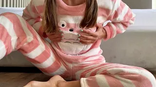 stepdaughter babe small boobs in pajamas fingering wet tight pussy and big squirt cum closeup