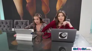 GirlDoGirl.com - Gfs masturbating each others snatches during work call.The small tits petite brunette lesbians move to the couch where they lick pussy and facesit