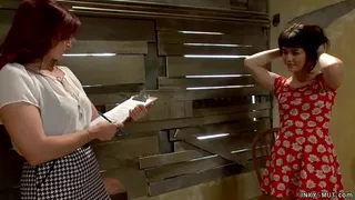 Sadistic redhead lesbian real estate agent Bella Rossi ties petite brunette Asian teen Yhivi and then fucks her throat and asshole with strap on cock
