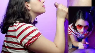Blowjob and cum facial on some pretty red sunglasses!