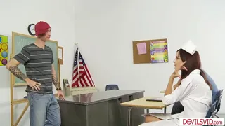 Redhead teen spending some time with her classmates in the room.Shes giving them blowjob then gets dp fucked having them gang her ass and pussy.