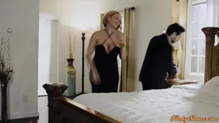 Blonde milf is teasing her husband by shaking her big tits on his faces.The guy sucks on them and licks her hairy pussy while shes sucking his cock.
