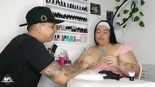 While my manicurist does my nails, I touch her huge tits and under the table her rich and wet pussy - Part 1