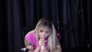 Slutty blonde takes off her clothes, shows off her huge tits, her hot pussy and demonstrates her blowjob after saying that her gift is making sexy eye contact and showing off her tits - Gabriella Gushi