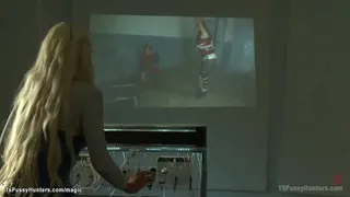 Super hero shemales Honey Foxxx and Vanity with huge cocks fucking huge boobs blonde babe Courtney Taylor in gang bang and making her squirting