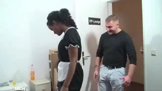 Horny AuPair has to clean the apartment while a party is taking place, but the guys get so horny for her that they train her as a slave and she has to clean and suck their cocks