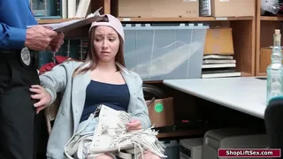 Small tits brunette gets caught shoplifting and the officer offers her a way out of trouble.He dominates her to suck his big cock and fucks her pussy