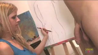 Babe ends up sucking a big hard cock during her drawing session
