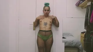 Short tattooed girl with green hair does a hot striptease!
