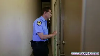 Kimberly Chi whips out the guards big cock and rides him before making him fuck her spreadeagle