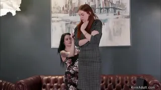 Tattooed brunette lesbian hottie Anna De Ville strips her ex girlfriend Maya Kendrick and then with strap on cock anal fucks her in bed