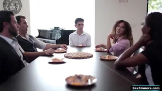 Wife cheats by sucking big cocks under the table during dinner.She manages to get her husband and the two wives out .The brunette is analed and dped