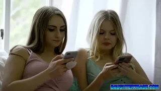 Stepdaughters Penelope Kay and Coco Lovelock swapping their and goes on sucking their big hard cocks