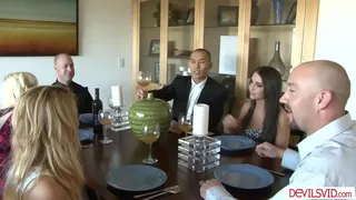 Three couples having swinger sex party.Big tits blonde wife gives her bffs husband blowjob.The petite brunette deepthroats while getting dp fucked.