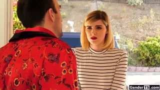Teen tgirl Ella Hollywood asks stranger if she can wait inside to get picked up.In the meantime she shows her cock.He sucks and she anal rides