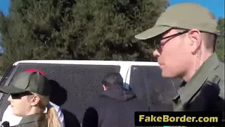 Two border agents in a threeway fuck with a sexy brunette immigrant slut